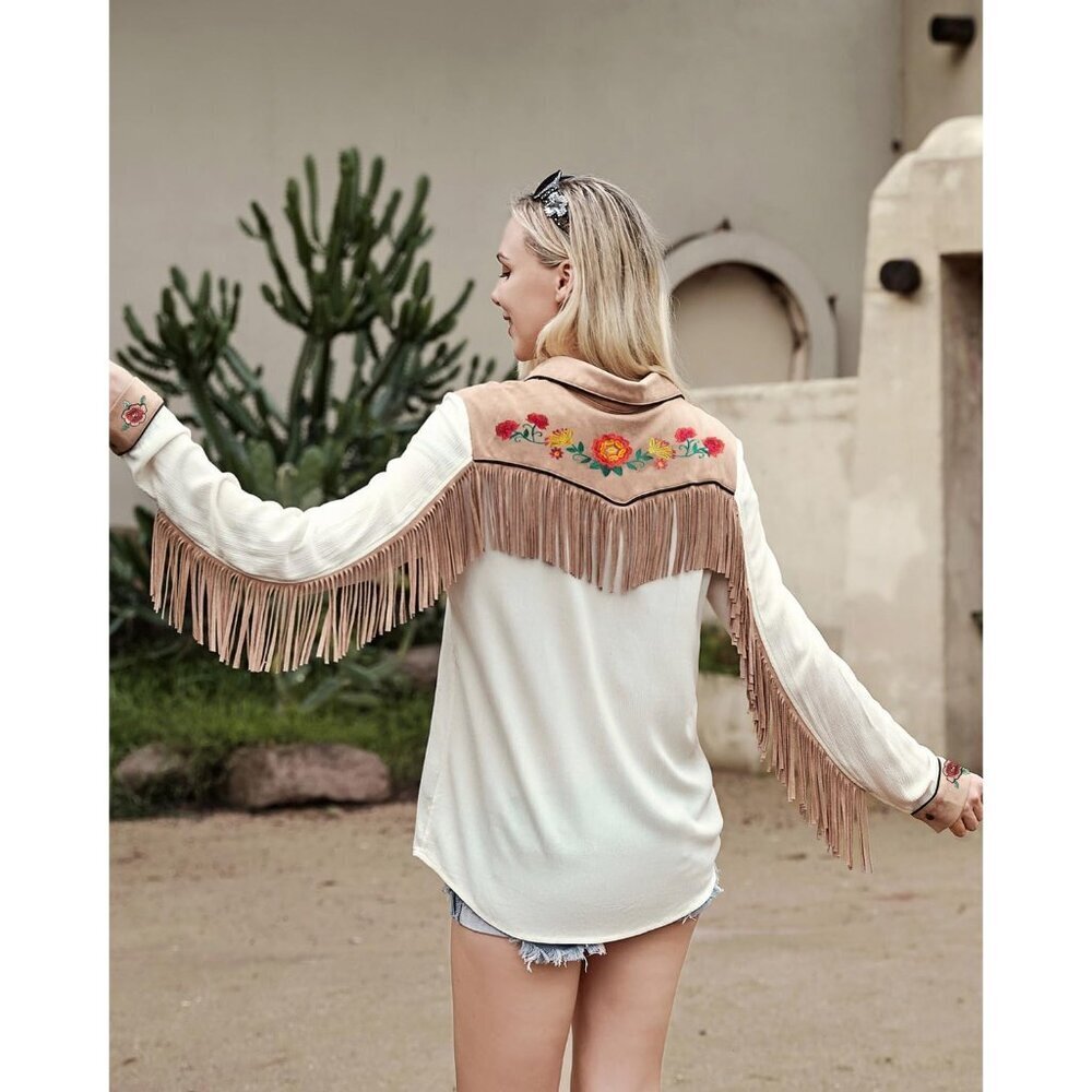 Women's White Fringe Long Sleeve Floral Embroidered Button Down Blouse Shirts - Picture 4 of 5